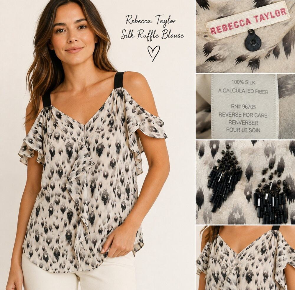 Y2K 2000s Rebecca Taylor Silk Ruffle Cold Shoulder Blouse Size S Ikat Print Boho